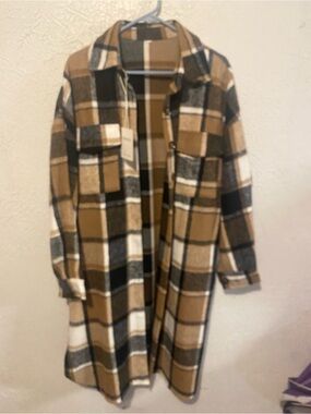 Plaid Long Shacket in Camel, Black & Cream